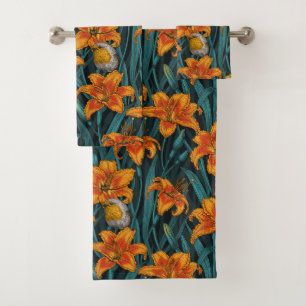 Robins and lilly flowers, orange and blue bath towel set