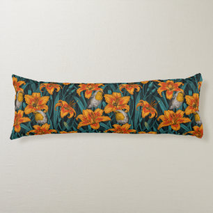 Robins and lilly flowers, orange and blue body cushion