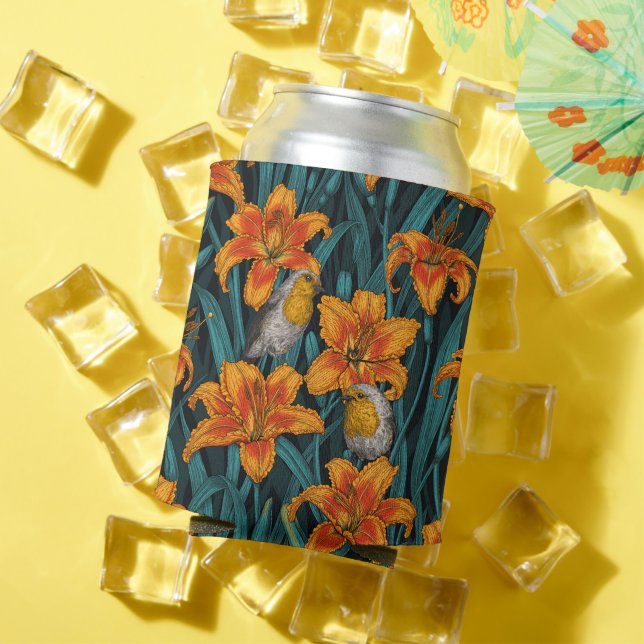 Robins and lilly flowers, orange and blue can cooler (In Situ Summer)