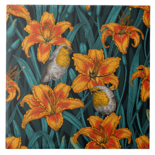 Robins and lilly flowers, orange and blue ceramic tile