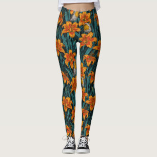 Robins and lilly flowers, orange and blue leggings