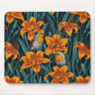 Robins and lilly flowers, orange and blue mouse pad