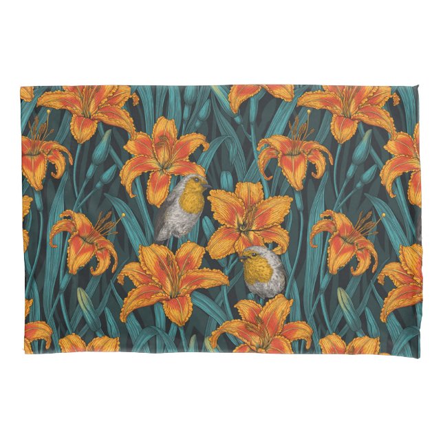 Robins and lilly flowers, orange and blue pillowcase (Front-Left)