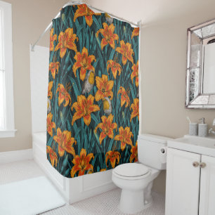 Robins and lilly flowers, orange and blue shower curtain