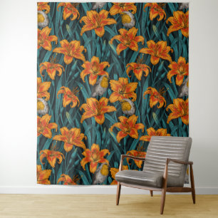Robins and lilly flowers, orange and blue tapestry