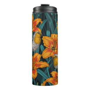 Robins and lilly flowers, orange and blue thermal tumbler