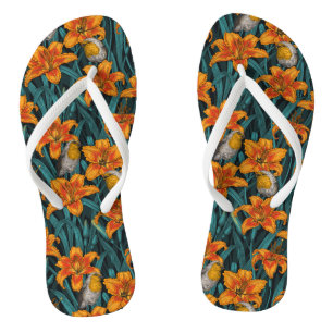 Robins and lilly flowers, orange and blue thongs
