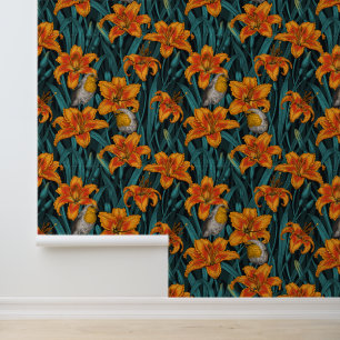 Robins and lilly flowers, orange and blue wallpaper