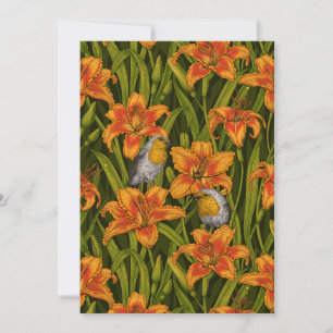 Robins and lilly flowers, orange and dark green