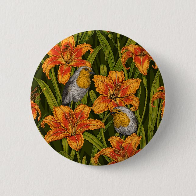 Robins and lilly flowers, orange and dark green 6 cm round badge (Front)