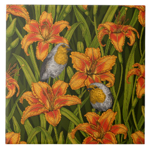 Robins and lilly flowers, orange and dark green ceramic tile