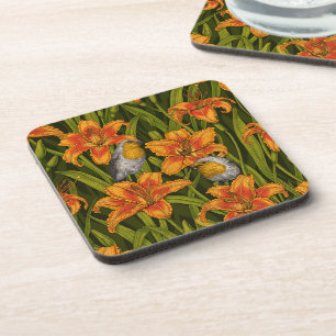 Robins and lilly flowers, orange and dark green coaster