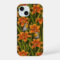 Robins and lilly flowers, orange and dark green