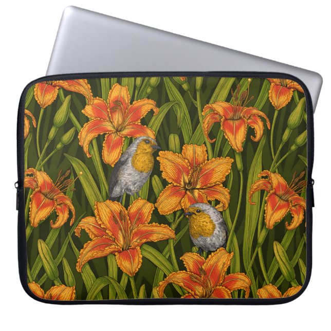 Robins and lilly flowers, orange and dark green laptop sleeve (Front)
