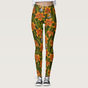 Robins and lilly flowers, orange and dark green leggings