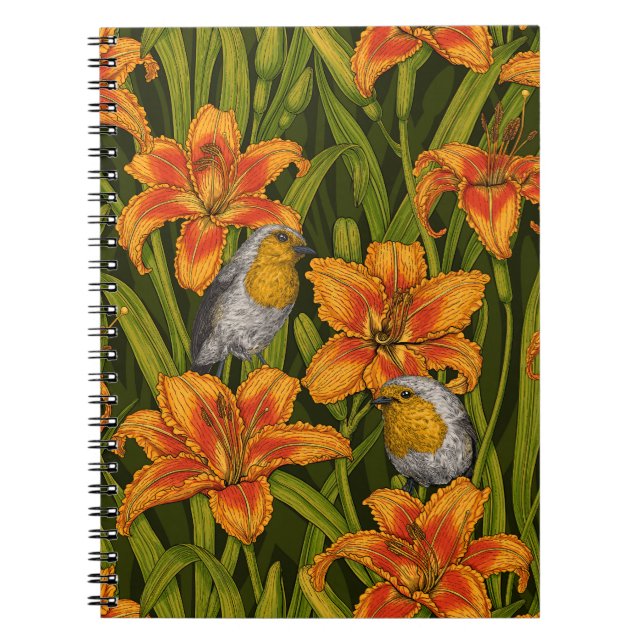 Robins and lilly flowers, orange and dark green notebook (Front)