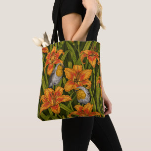 Robins and lilly flowers, orange and dark green tote bag