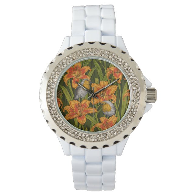 Robins and lilly flowers, orange and dark green watch (Front)