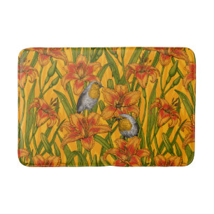 Robins and lilly flowers, orange and green bath mat