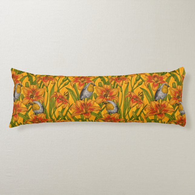 Robins and lilly flowers, orange and green body cushion (Front)