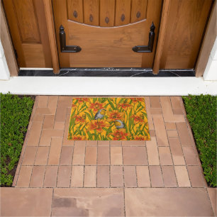 Robins and lilly flowers, orange and green doormat