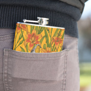 Robins and lilly flowers, orange and green hip flask