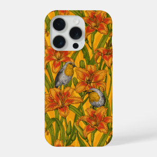 Robins and lilly flowers, orange and green iPhone 15 pro case