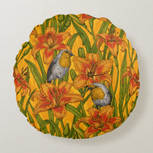 Robins and lilly flowers, orange and green round cushion
