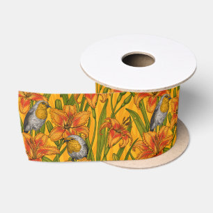 Robins and lilly flowers, orange and green satin ribbon