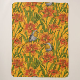 Robins and lilly flowers, orange and green sherpa blanket