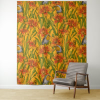 Robins and lilly flowers, orange and green