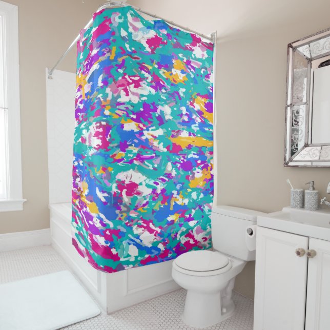Robin's Egg Blue and Fuchsia Shower Curtain (In Situ)