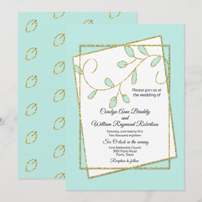 Robins Egg Blue and Gold Leaves Wedding Invitation (Front/Back)