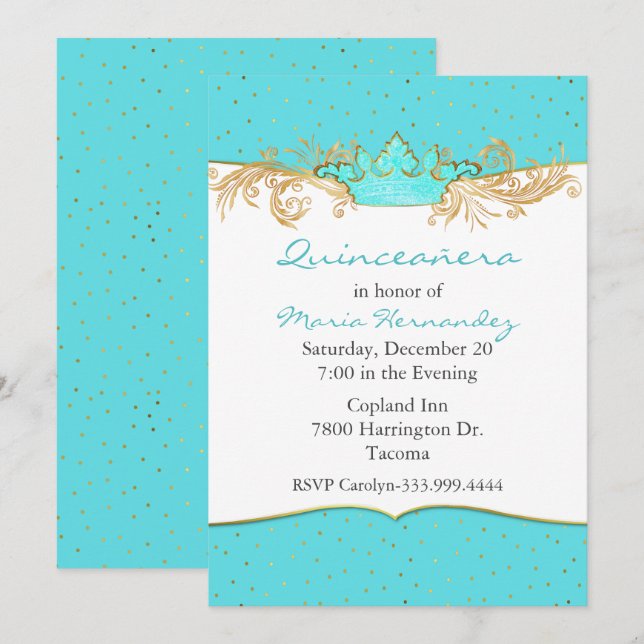 Robins Egg Blue and Gold Quinceañera Invitation (Front/Back)