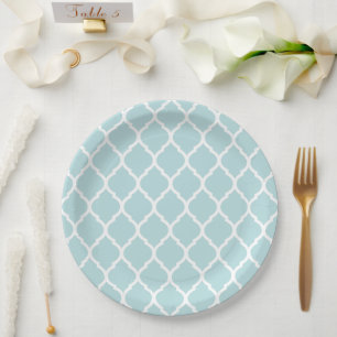Robins Egg Blue and White Moroccan Quatrefoil Paper Plate