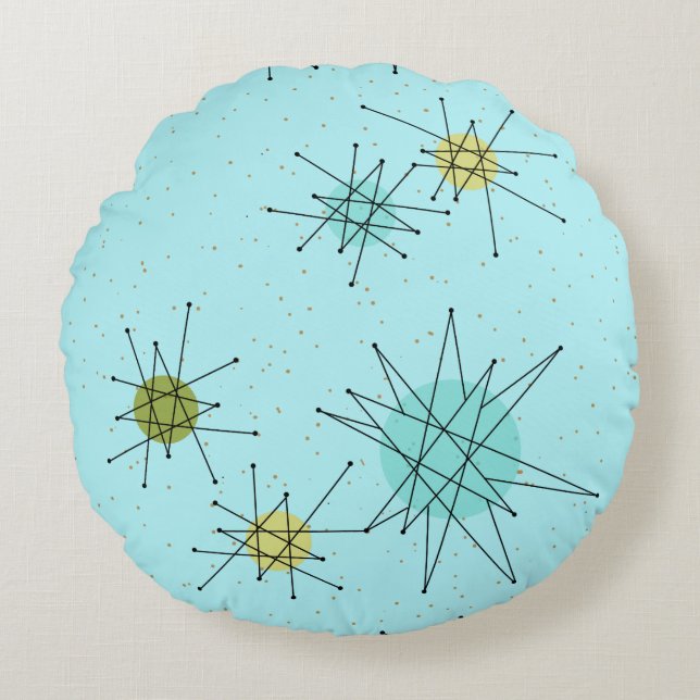 Robin's Egg Blue Atomic Starbursts Round Pillow (Front)