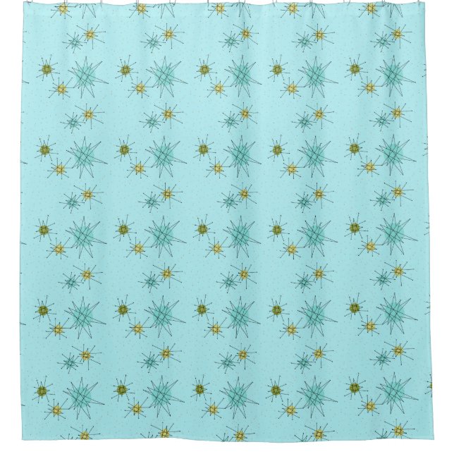 Robin's Egg Blue Atomic Starbursts Shower Curtain (Front)