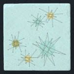 Robin's Egg Blue Atomic Starbursts Stone Coaster<br><div class="desc">This Robin’s Egg Blue Iconic Atomic Starbursts Stone Coaster pattern features iconic atomic starbursts. That’s right! The old school, robin’s egg blue coloured background with gold speckles is the perfect backdrop for the vibrant turquoise, soothing celery, and kitschy pear green coloured circles. The spots of colour are sporadically placed in...</div>