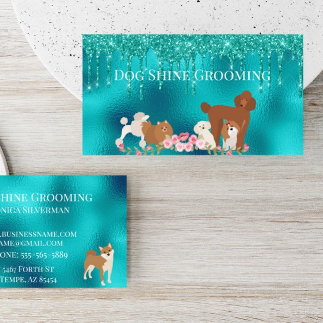 Robin's Egg Blue Dog Grooming Glitter Pet Services Business Card (Creator Uploaded)