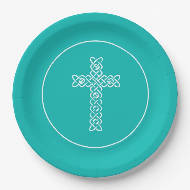 Robin's Egg Blue First Communion Cross Paper Plate (Front)