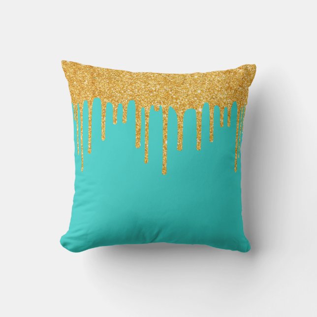 Robin's Egg Blue Gold Glitter Drips Throw Pillow (Front)