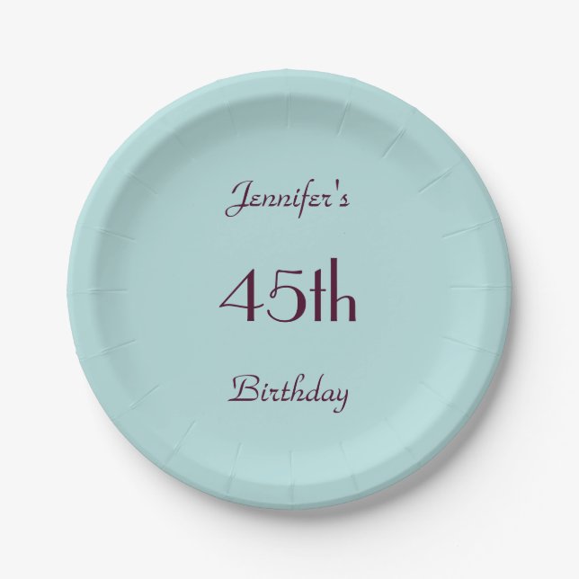 Robin's Egg Blue, Name, 45th Birthday Party Simple Paper Plate (Front)