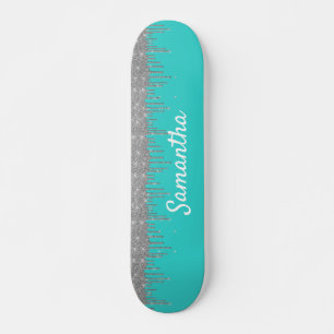 Robin's Egg Blue Silver Glitter Drips Skateboard
