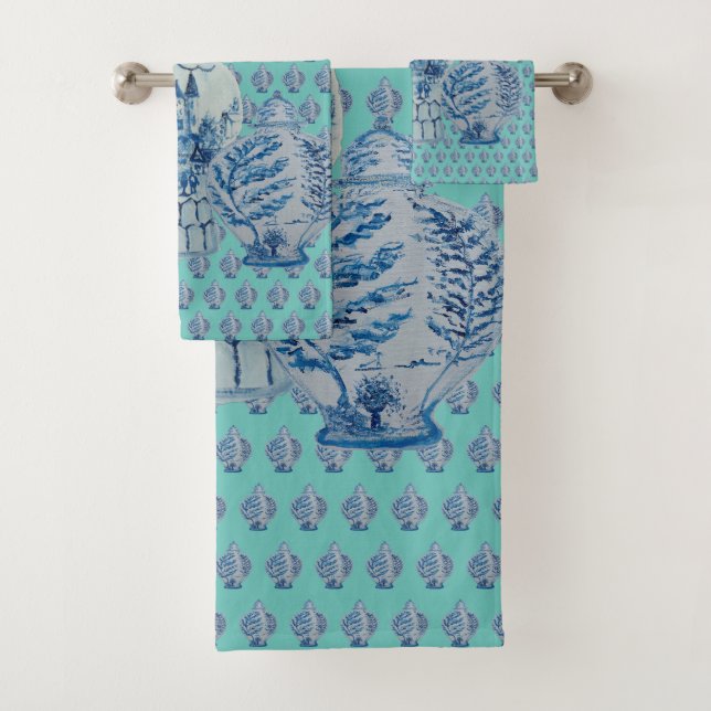 Robin's Egg Blue & White Ginger Jars Bath Towel Set (Insitu)
