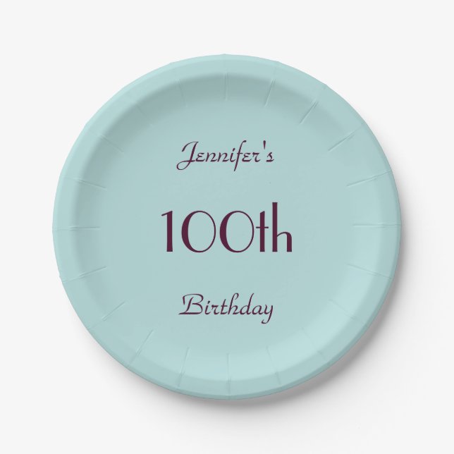 Robin's Egg BluePaper Plates, 100th Birthday Party Paper Plate (Front)