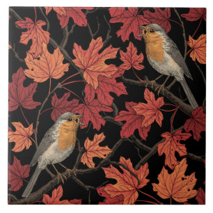 Robins in maple tree ceramic tile