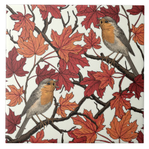 Robins in maple tree on off white ceramic tile