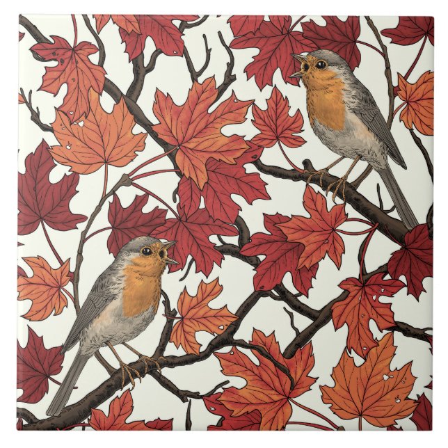 Robins in maple tree on off white ceramic tile (Front)