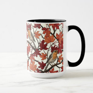 Robins in maple tree on off white mug