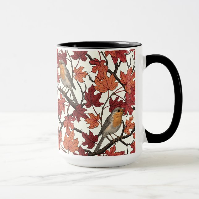 Robins in maple tree on off white mug (Right)